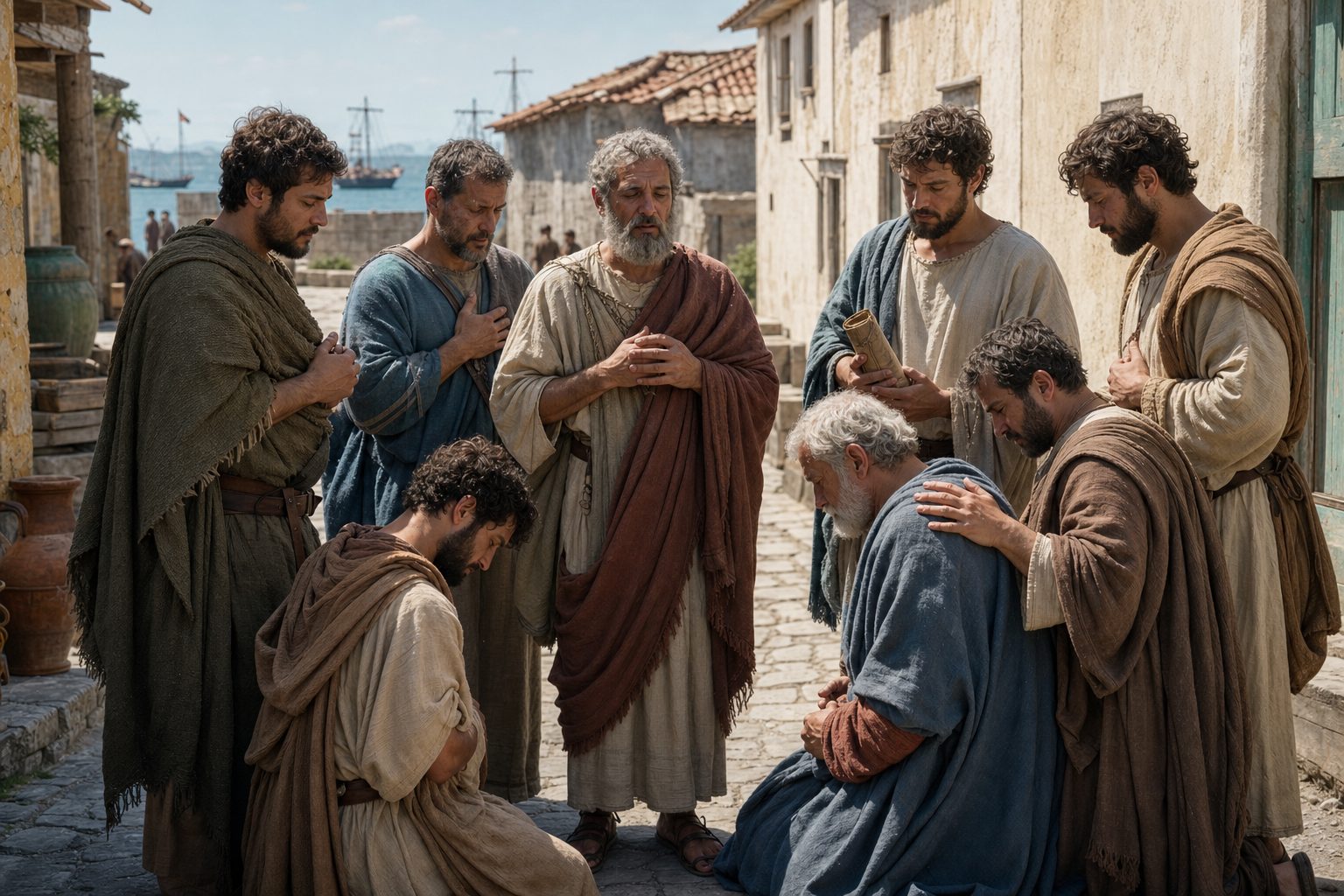 Photorealistic depiction, The suffering of the holy martyrs Peregrine, Lucian, Pompey, Isis, Pappius, Satornin and Herman, Orthodox calendar, 2026-07-20, martyrdom